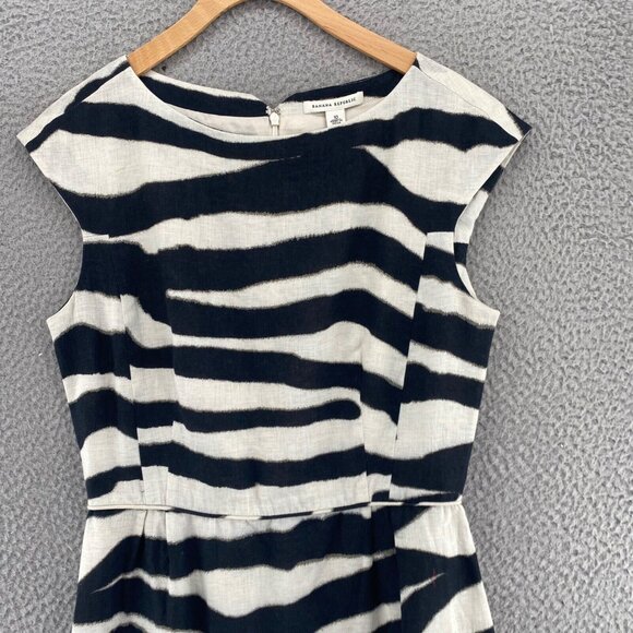 Banana Republic Dress Women 10 Ivory Black Zebra Stripe Linen Sheath Career Work - Picture 2 of 11